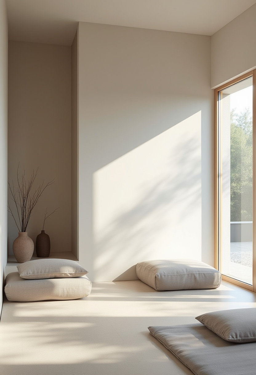 Zen-inspired cozy room with a meditation mat and incense burner.