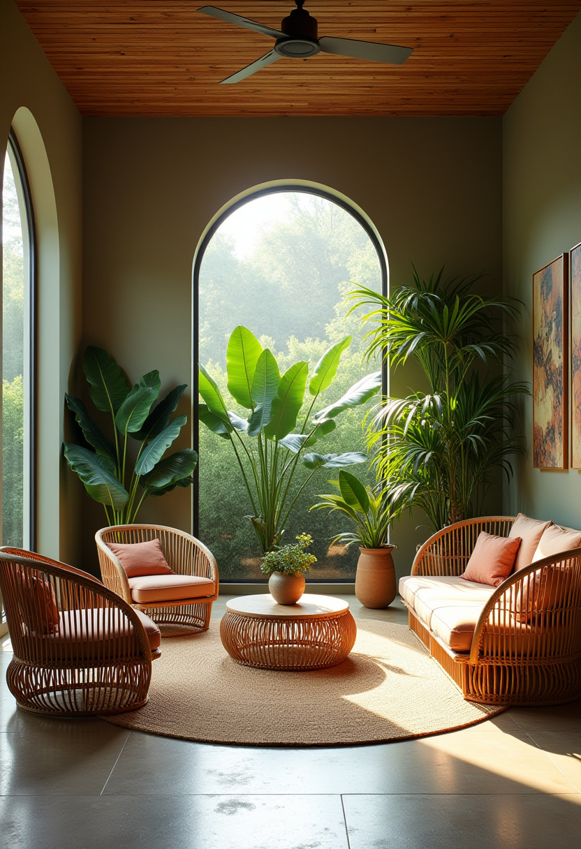 Sun-drenched chill room with large windows and sheer curtains.