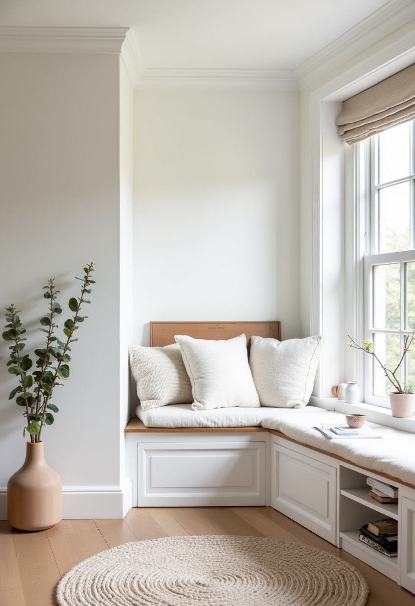 Nordic style chill room with faux fur rugs and white furniture.