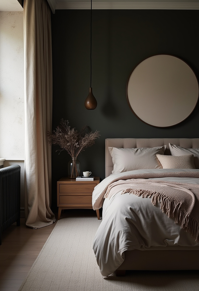 dark cozy bedroom featuring a canopy bed and soft ambient lighting