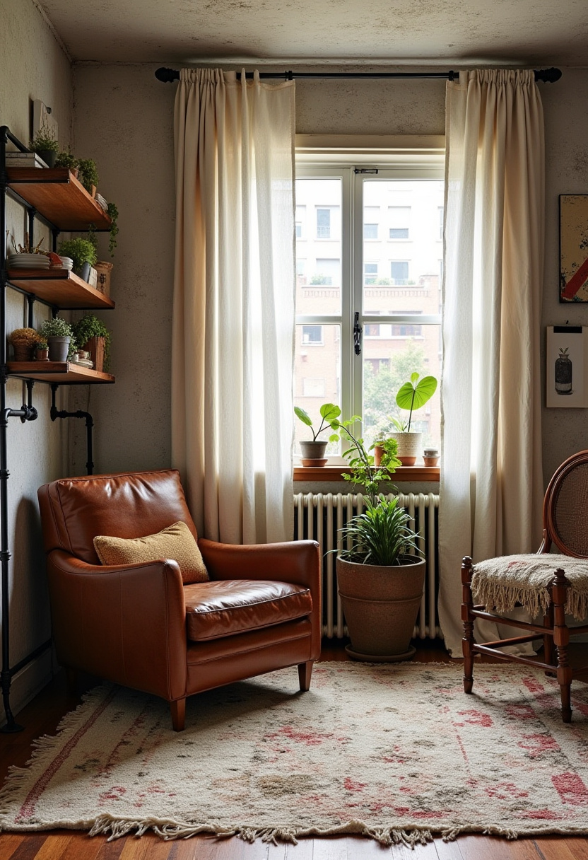 Dark grunge bedroom featuring black walls and vintage thrifted furniture.