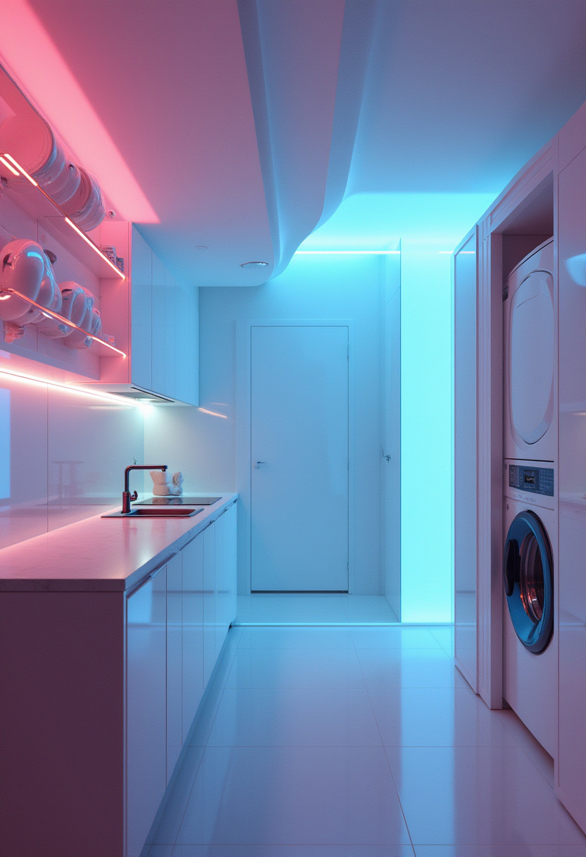 Contemporary kitchen design with a hidden door for a cluttered utility space.