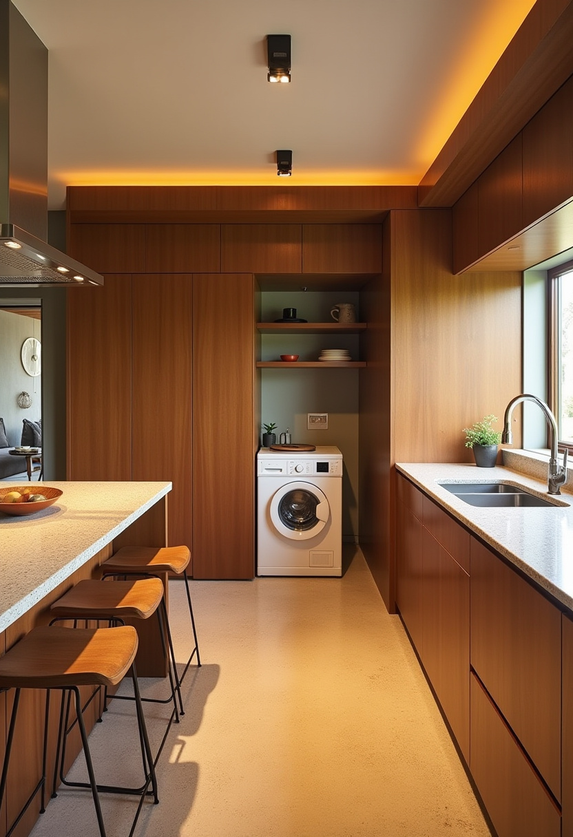 Minimalist kitchen with a hidden washing machine and dryer zone.