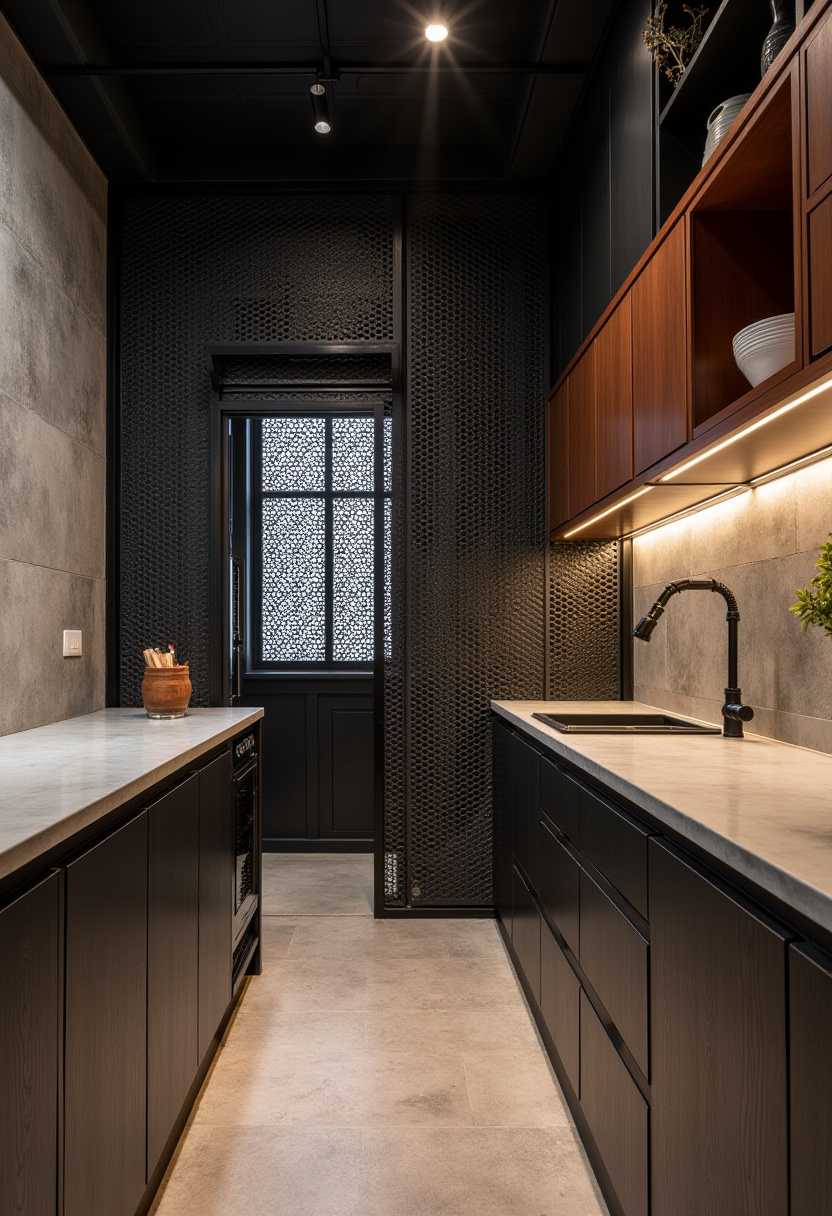 Clever kitchen pantry design that leads into a hidden utility space.