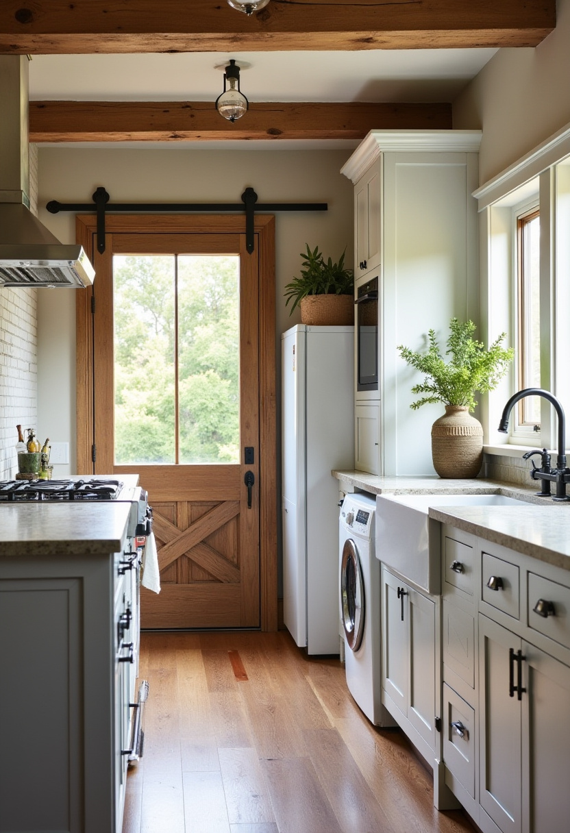 Concealed laundry area in the kitchen tucked away by pocket doors.