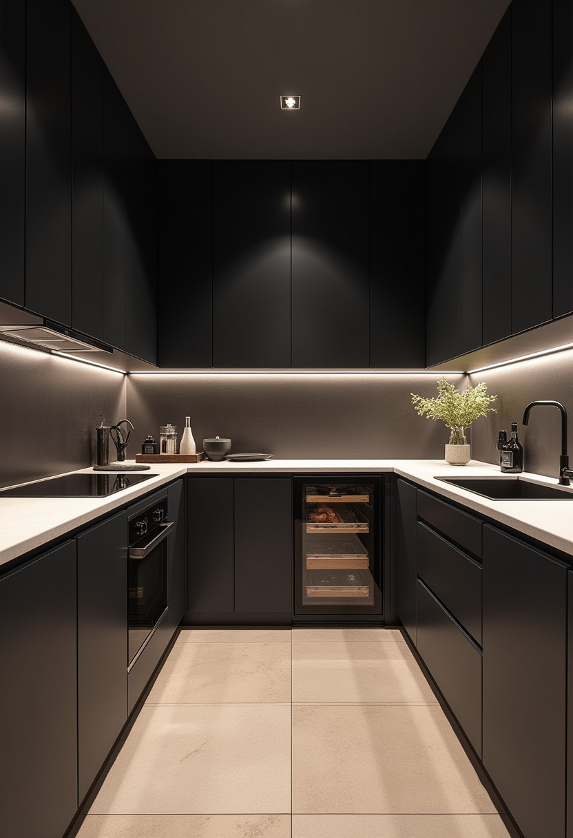 Modern kitchen with a hidden utility room behind seamless cabinetry.