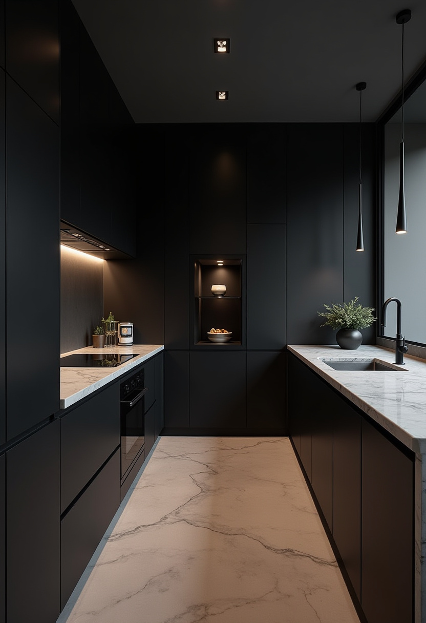 Seamless kitchen wall concealing a washing area and pantry.