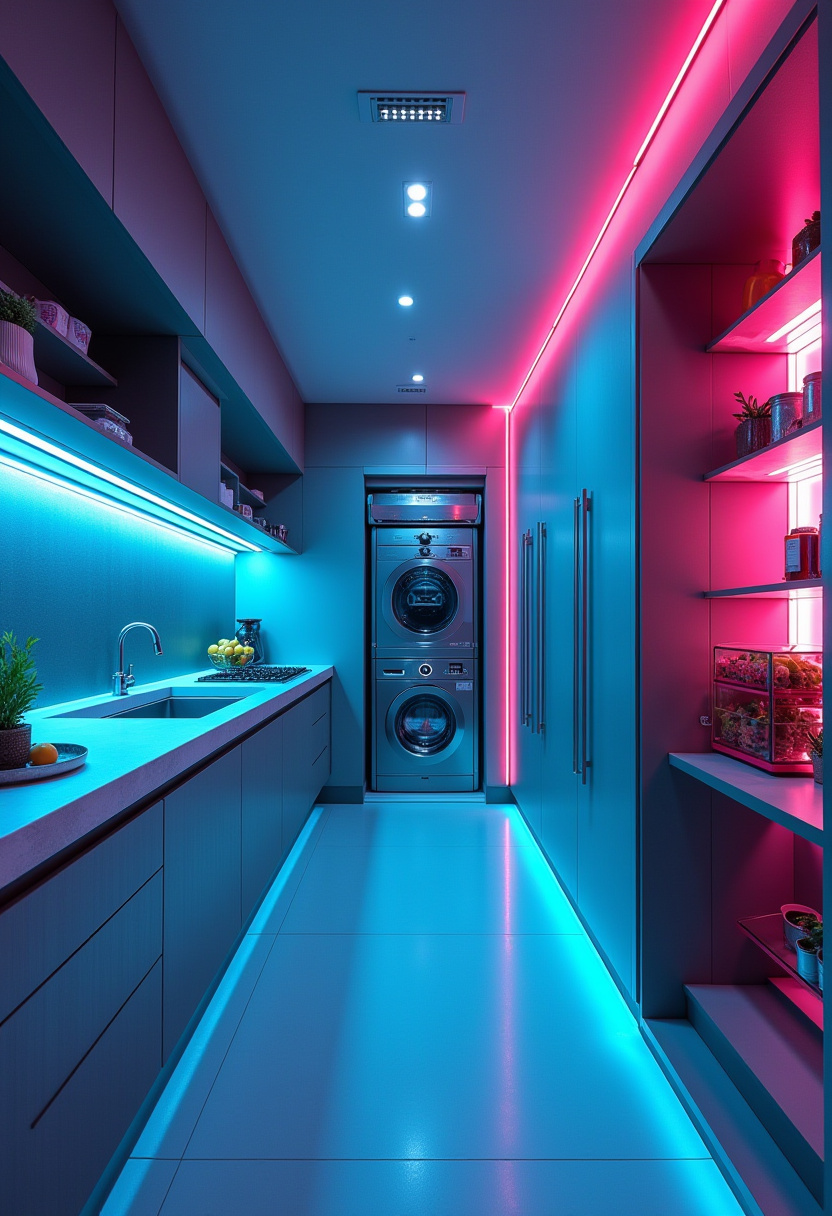 Industrial kitchen featuring a hidden utility space with black steel frames.