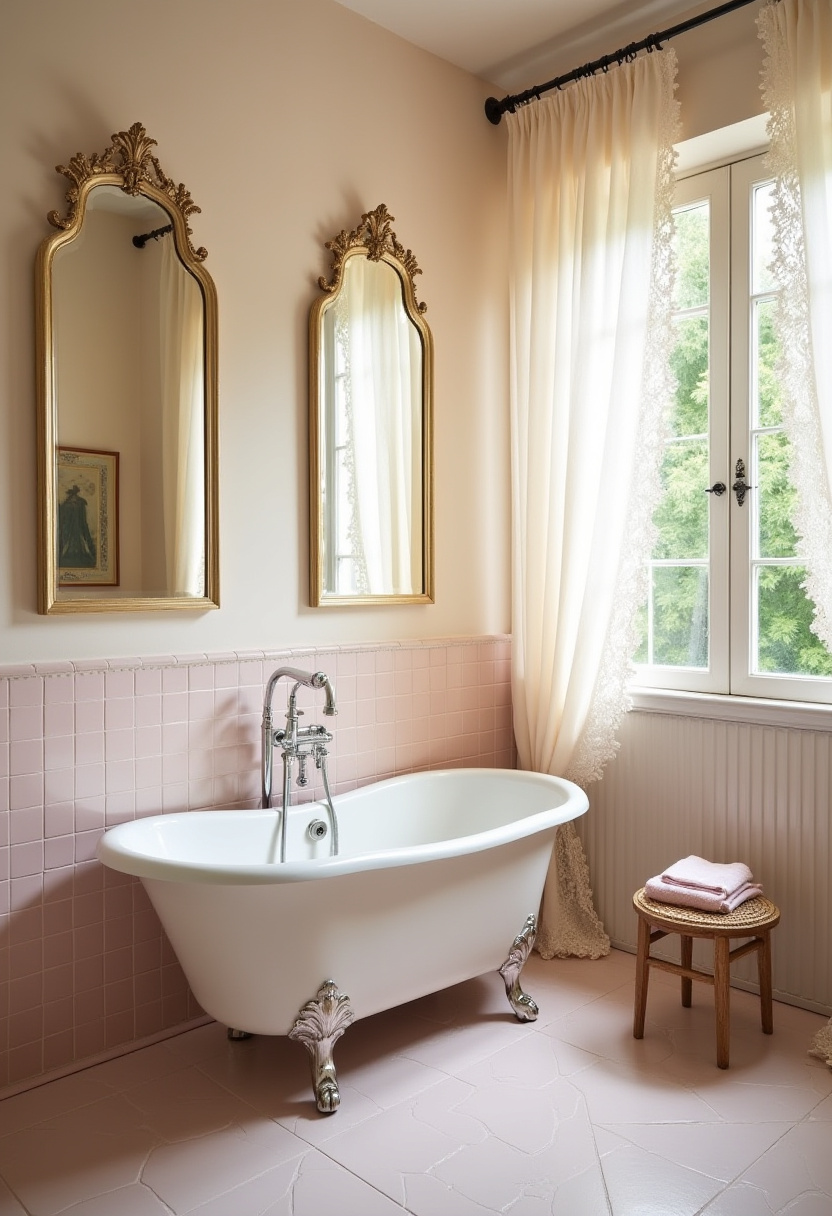 Mediterranean style Italian bathroom with terracotta accents and arched windows.