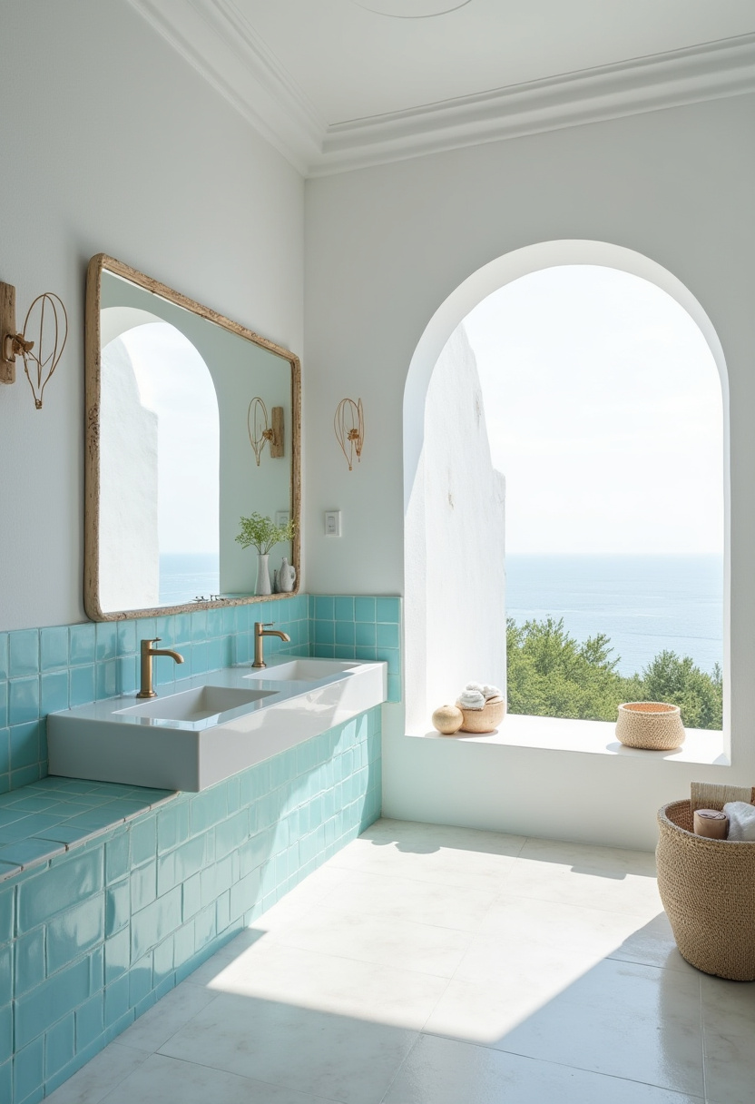 Spacious Italian master bathroom with a center-placed designer bathtub.
