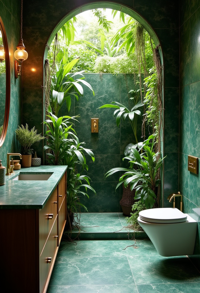 Italian bathroom design with mosaic tile patterns and glass partitions.