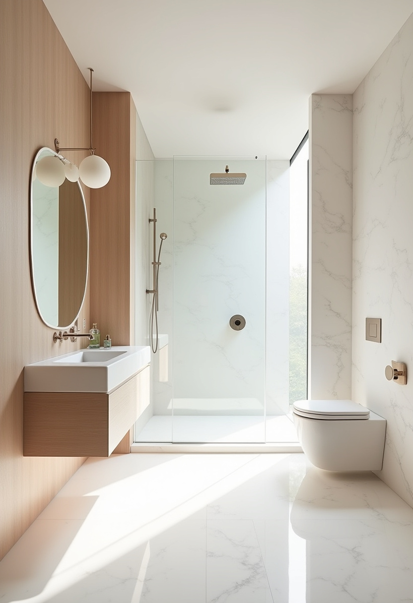 Artistic Italian bathroom with hand-painted tiles and designer lighting.