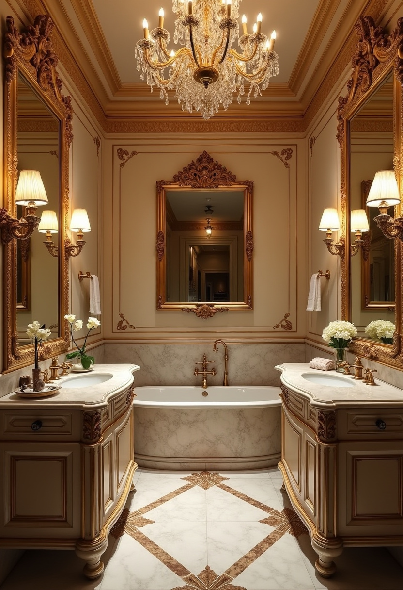Modern Italian bathroom featuring a freestanding soaking tub and gold fixtures.