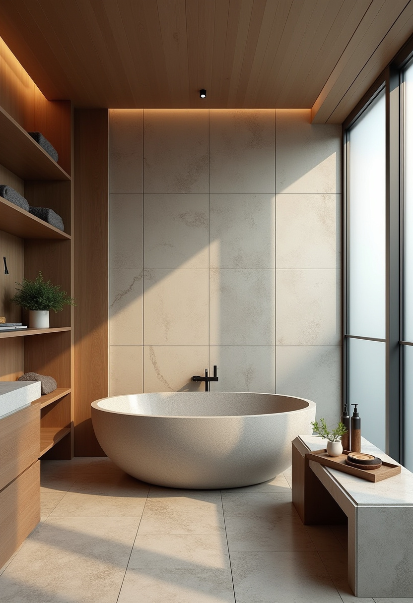 Japanese inspired bathroom with wooden bath tray and floor mat