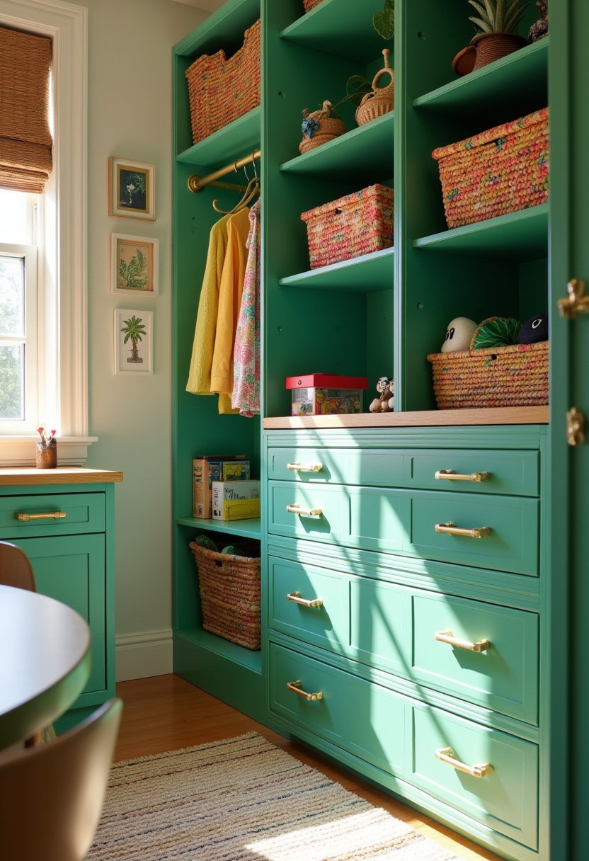 Vertical closet organization for kids to maximize small room space.