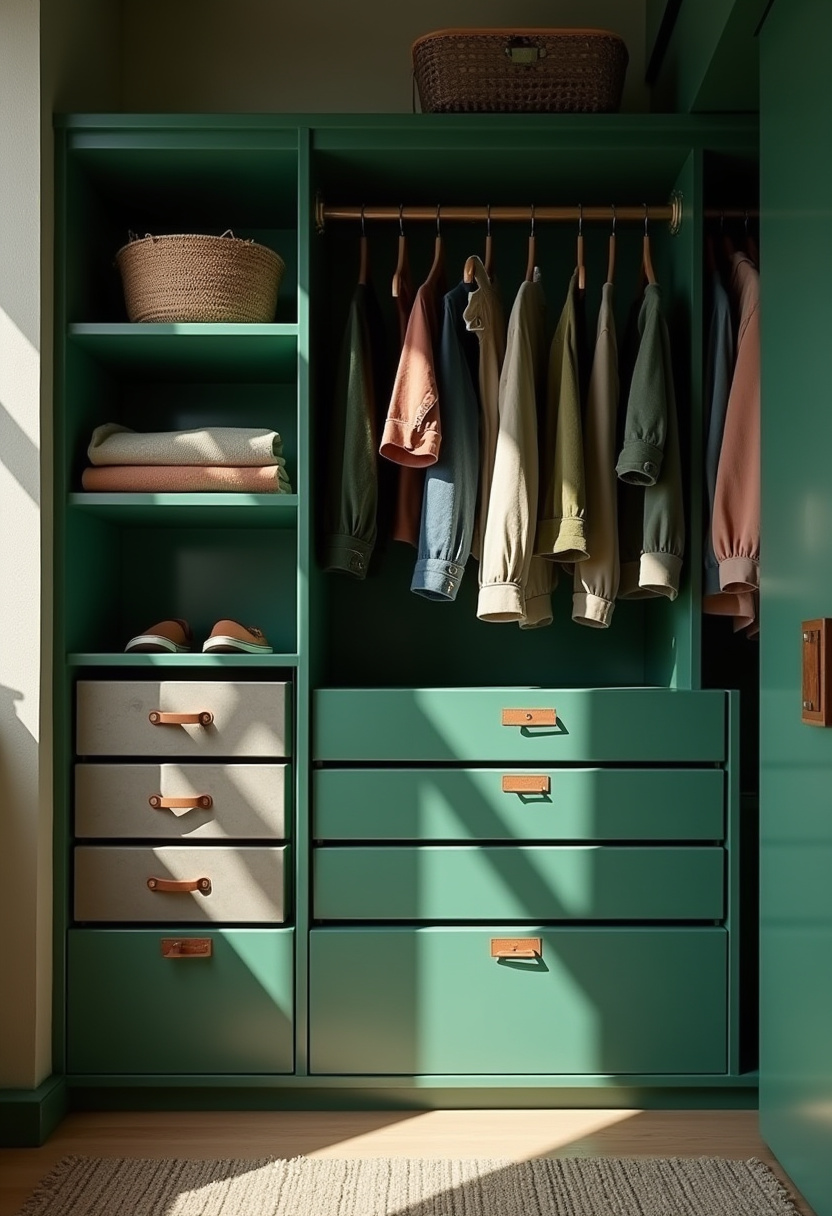 Space-saving kid closet with hanging fabric shelves for folded clothes.