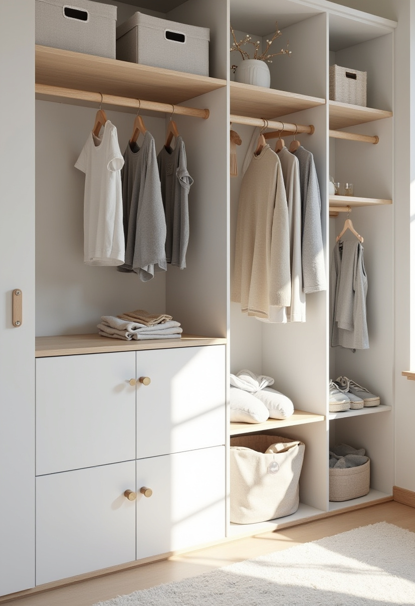 Space-saving kid closet with hanging fabric shelves for folded clothes.