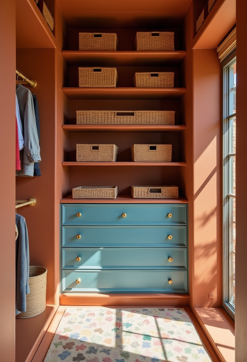 Organized nursery closet with wicker baskets and soft lighting.