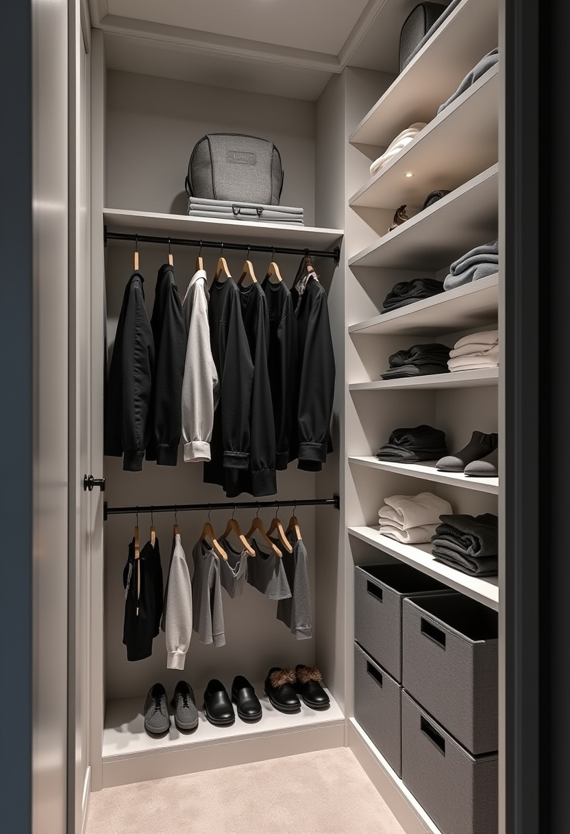 Shared kids' closet organization with divided sections for siblings.