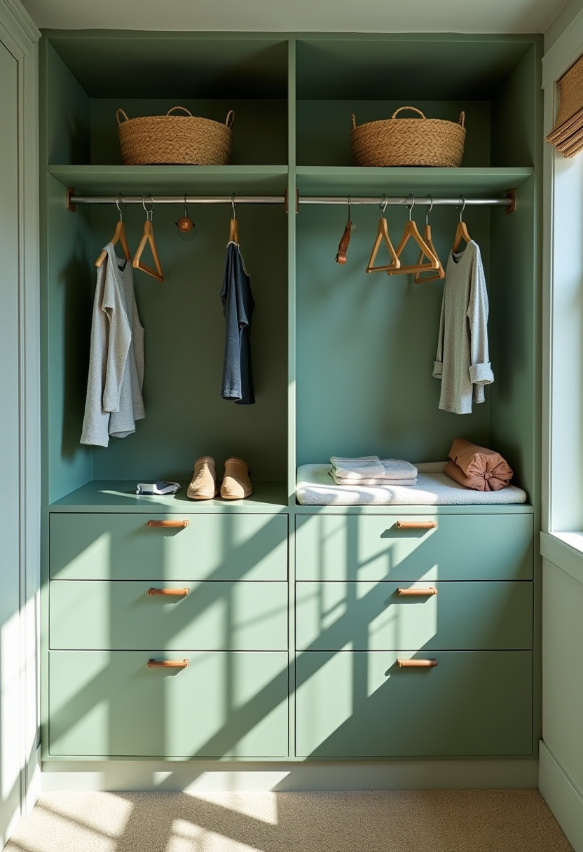 Functional kid closet organization with color-coded hanging clothes.