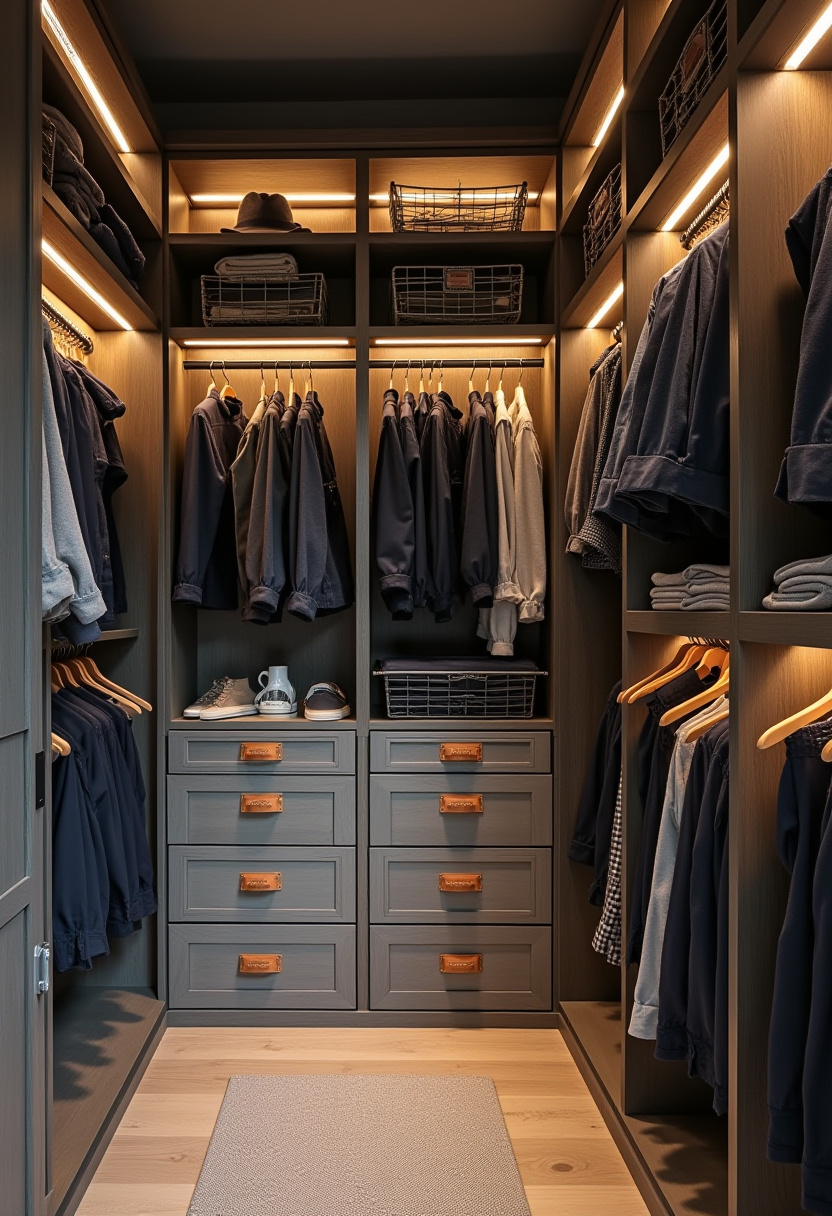 Kid-friendly closet design with low-level hanging rods for easy access.