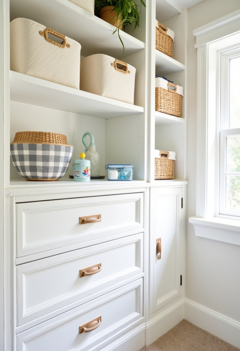 Kids' walk-in closet with labeled drawers for toys and socks.