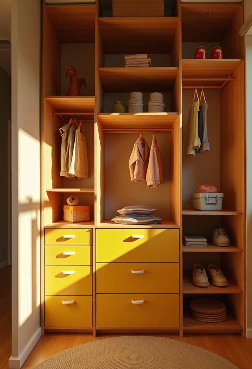 Colorful kid closet organization with rainbow-themed hangers.