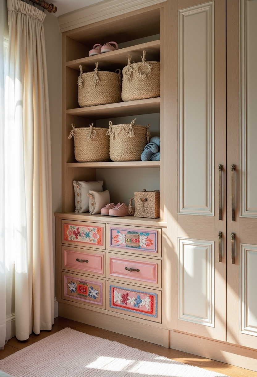 Minimalist kids' wardrobe with wooden bins and neutral decor.