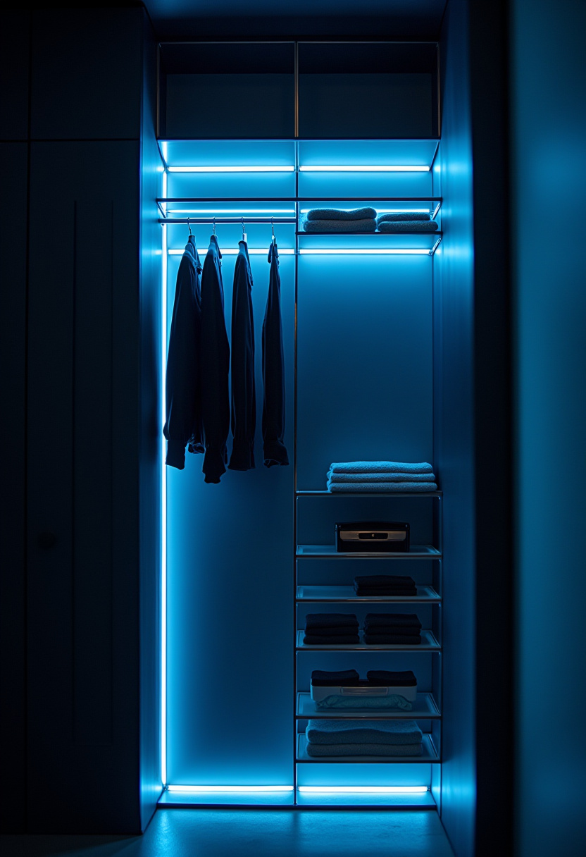 Narrow mini walk-in closet with vertical storage for hats and bags.