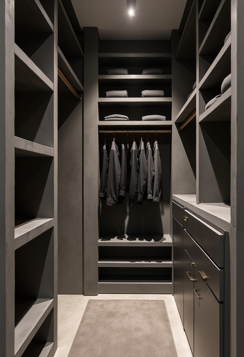 Small walk-in closet organization with color-coded clothing sections.