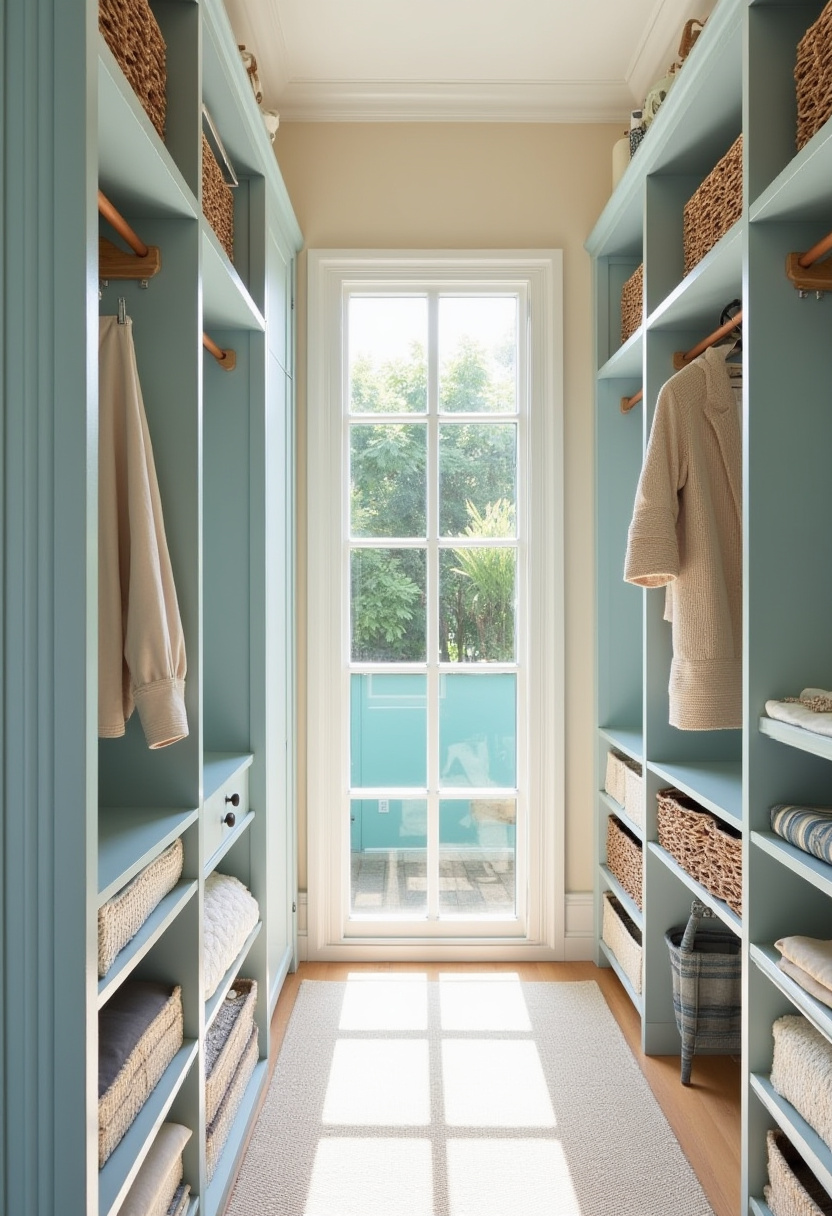 Mini walk-in closet with a small ottoman for a boutique feel.