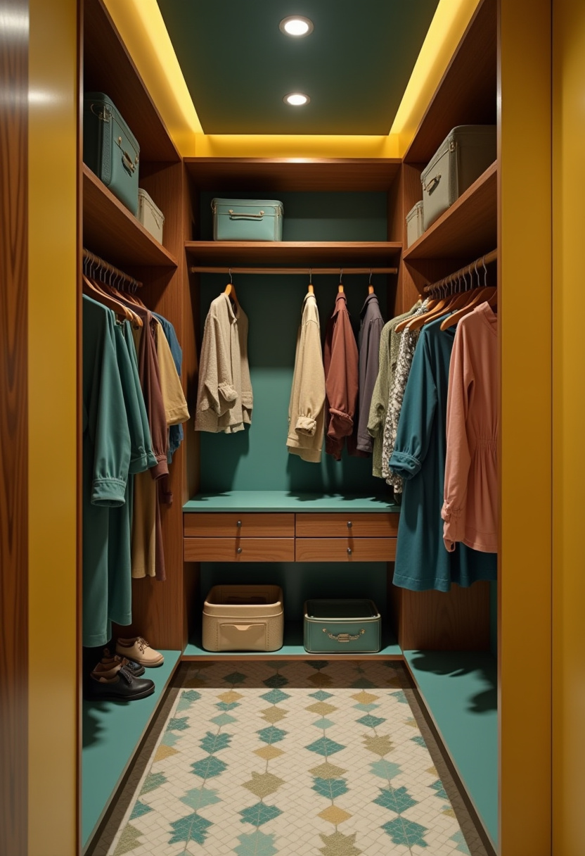 High-gloss mini walk-in closet to reflect light and create space.