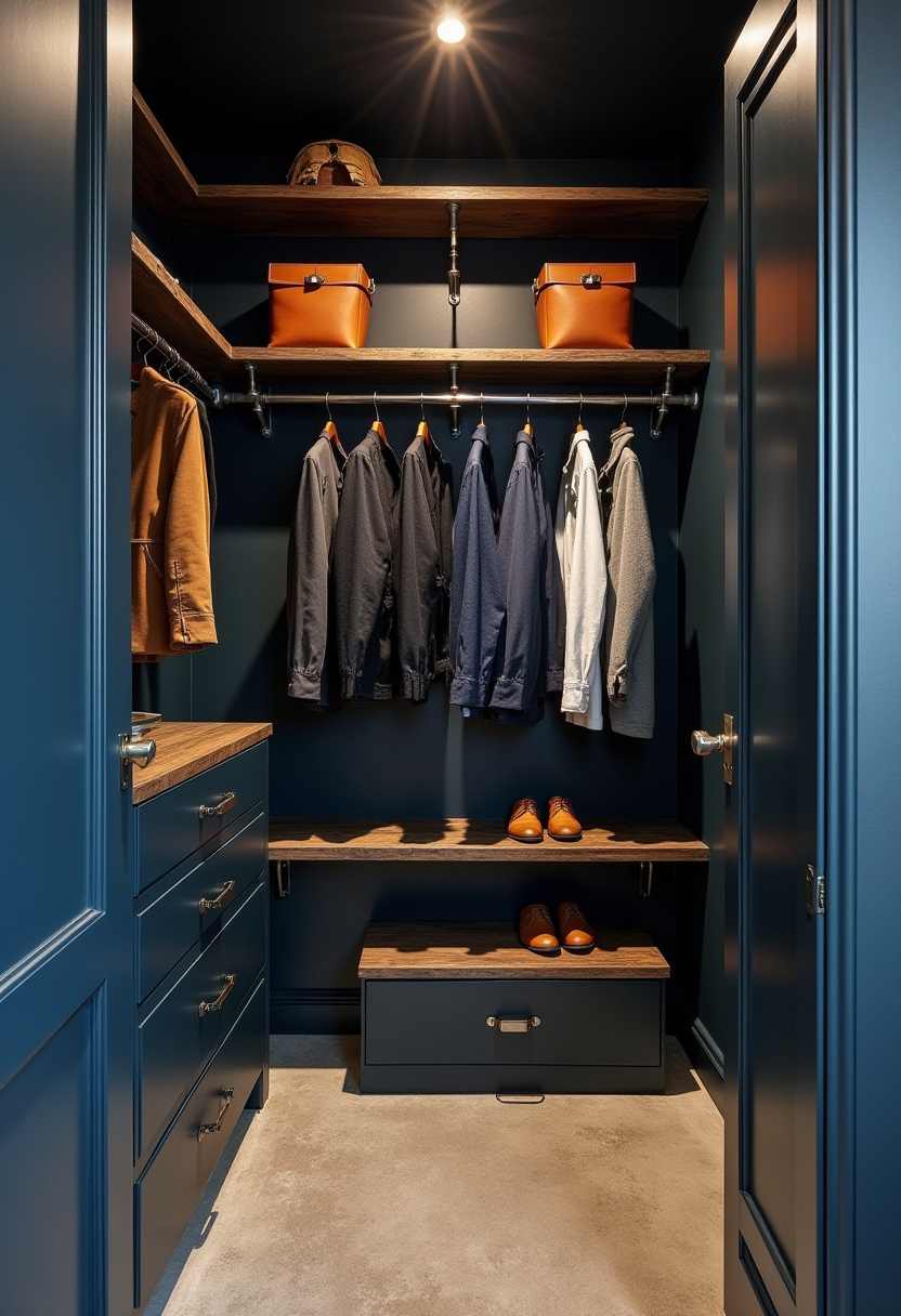 Space-saving mini walk-in closet with sliding glass doors.