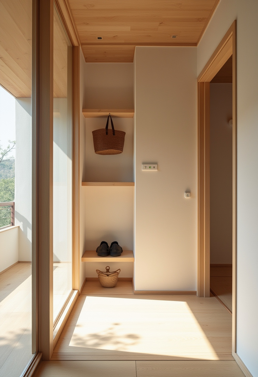 Zen-inspired minimalist shoe storage using natural materials.