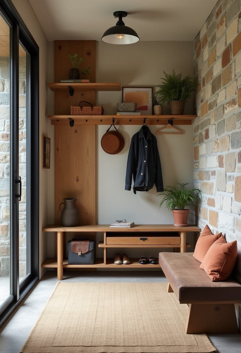 Floating wooden slats as a minimalist shoe storage solution