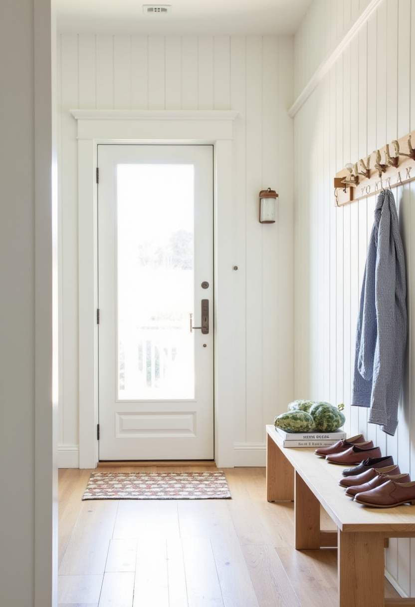 Hidden minimalist shoe storage behind a seamless wall panel.