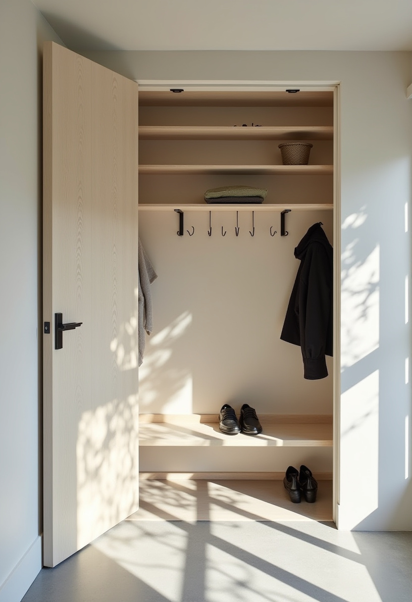 Modern white minimalist shoe storage with a handleless design.