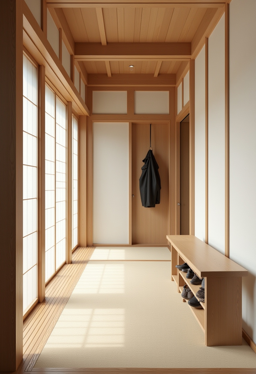 Minimalist wooden shoe bench with clean lines and no cushions.