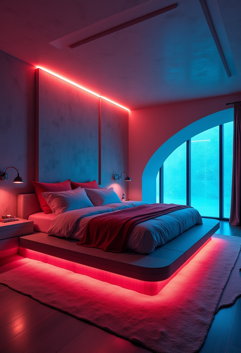 Minimalist men's bedroom with a low-profile bed and neutral bedding.