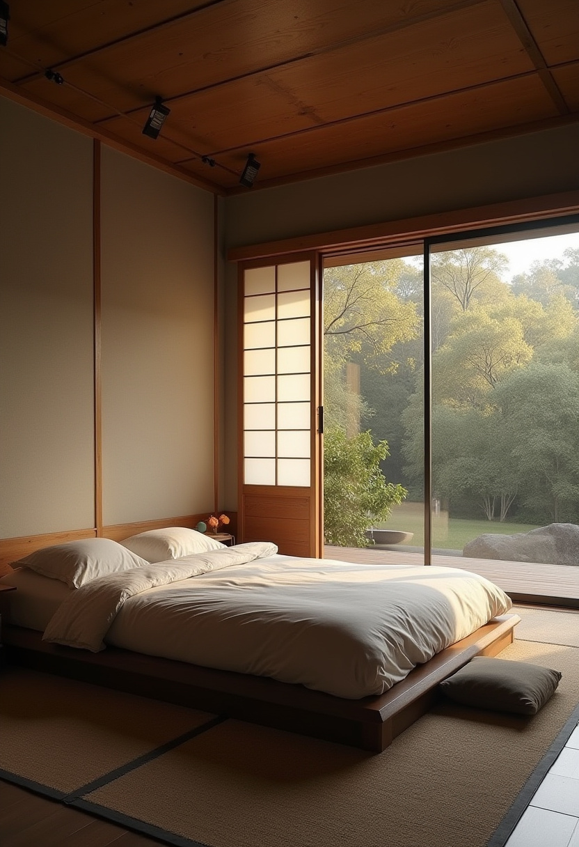 Modern bedroom design with concrete walls and minimalist black furniture.