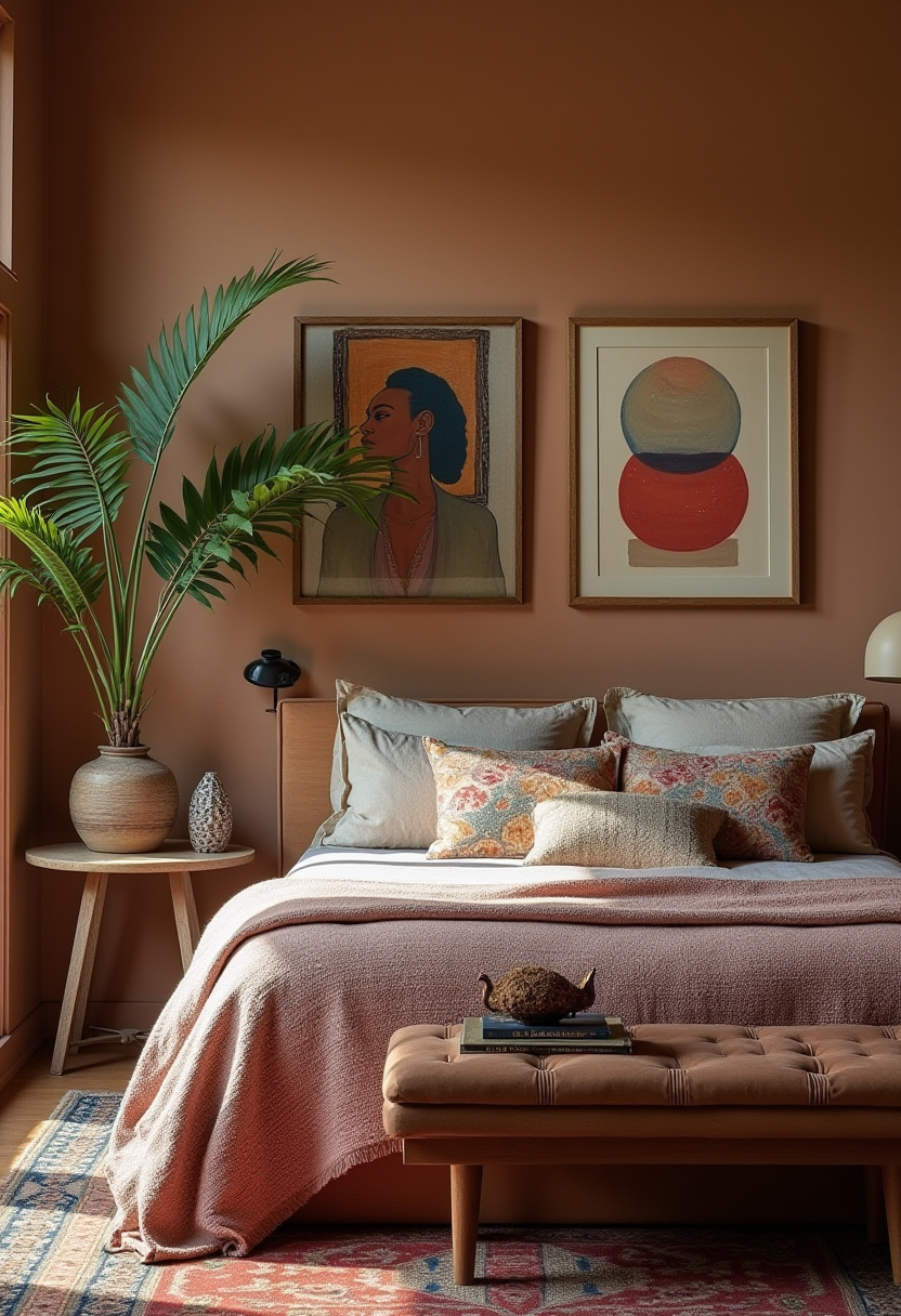 Masculine bedroom featuring a large window with city views and blackout curtains.