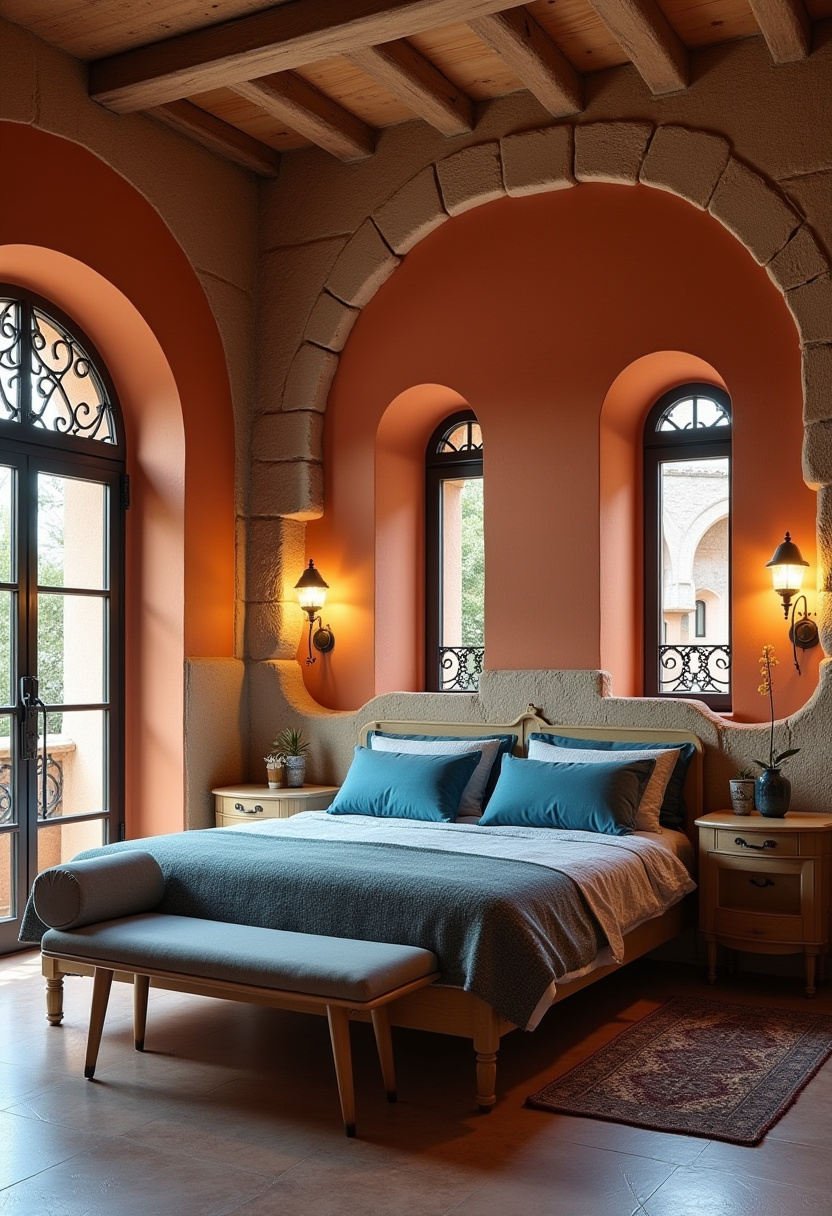 Luxury masculine bedroom with a king-size bed and high-end tech integration.