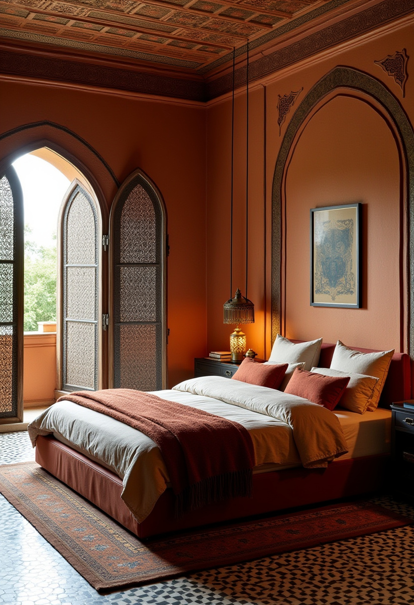 Masculine bedroom with a bold black accent wall and abstract monochrome art.