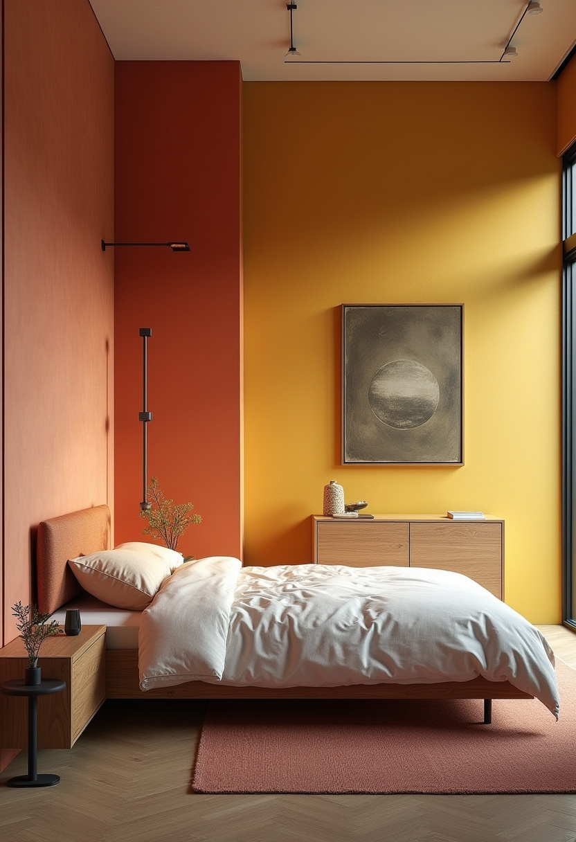 Minimalist Scandinavian style men's bedroom in white, black, and oak.