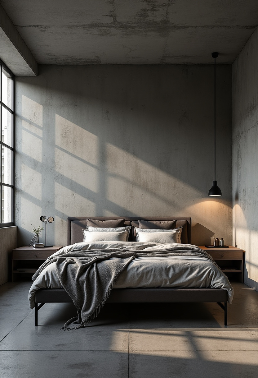 High-tech masculine bedroom with smart lighting and hidden speakers.