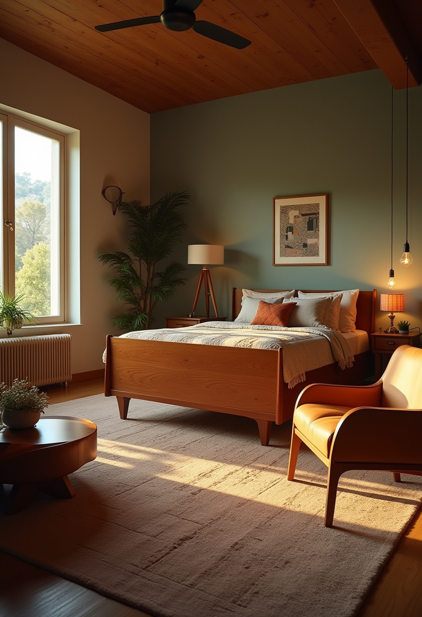Bohemian moody bedroom with dark wood furniture and hanging plants.