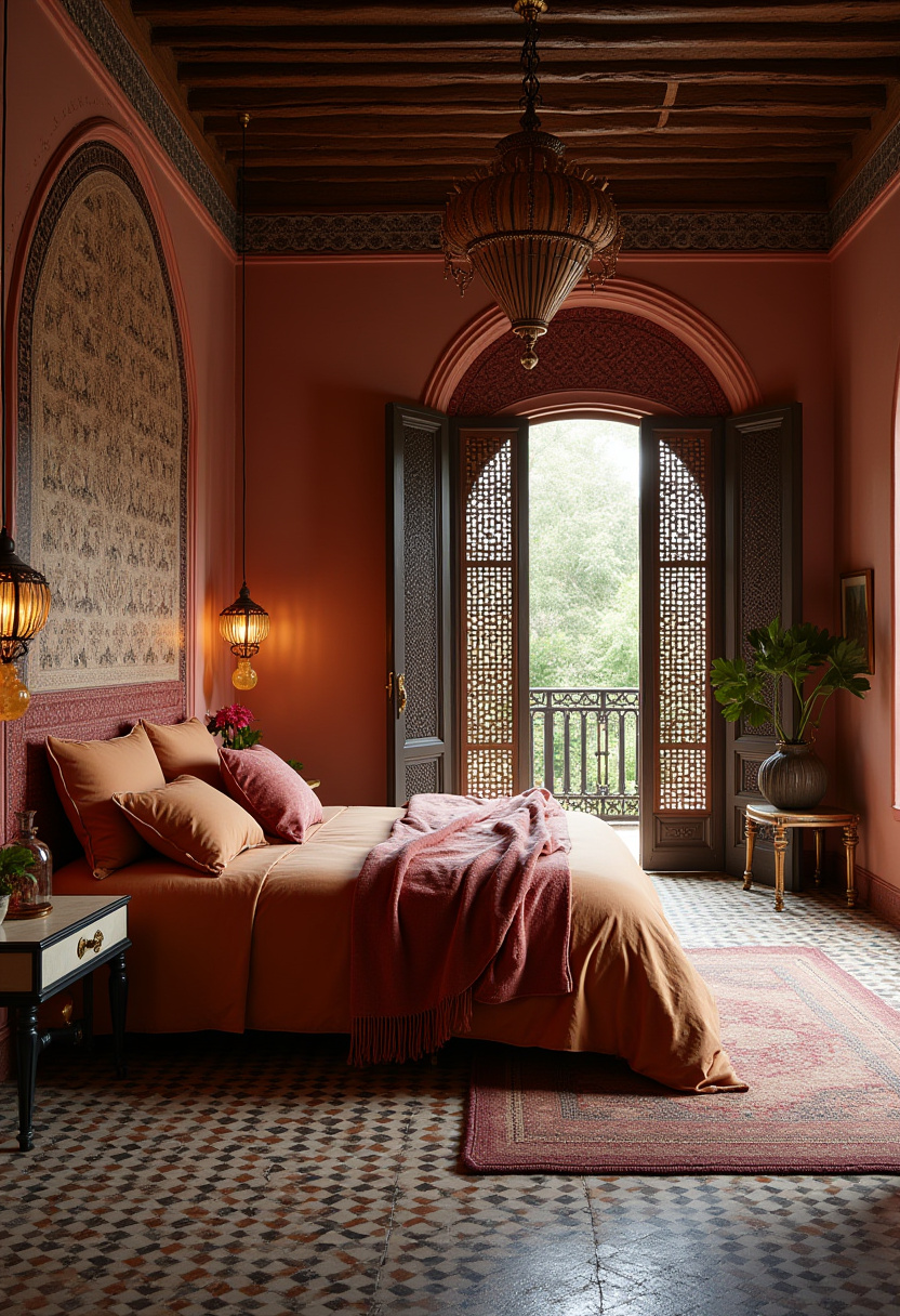 Moody feminine aesthetic with deep purple walls and brass fixtures.
