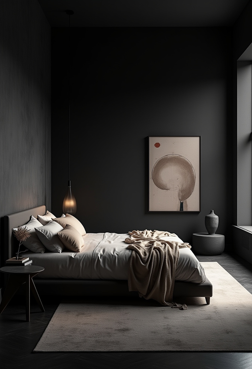 Small moody bedroom layout with a focus on cozy, dark corners