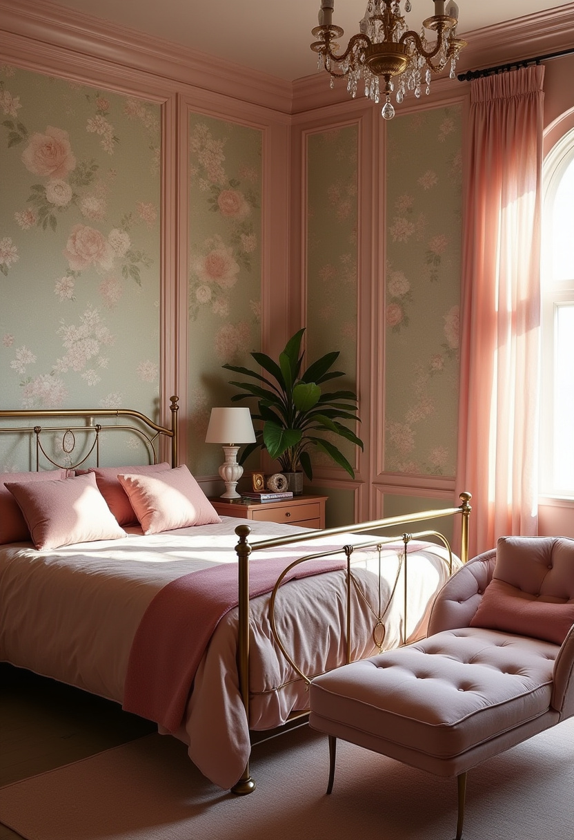 Moody feminine bedroom with deep emerald green walls and velvet bedding