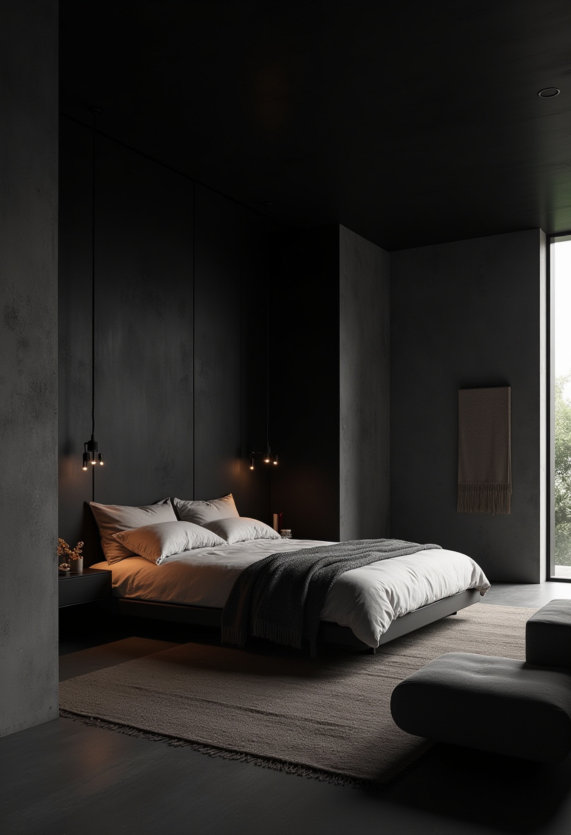 Moody bedroom featuring a tufted velvet headboard in dusty rose.